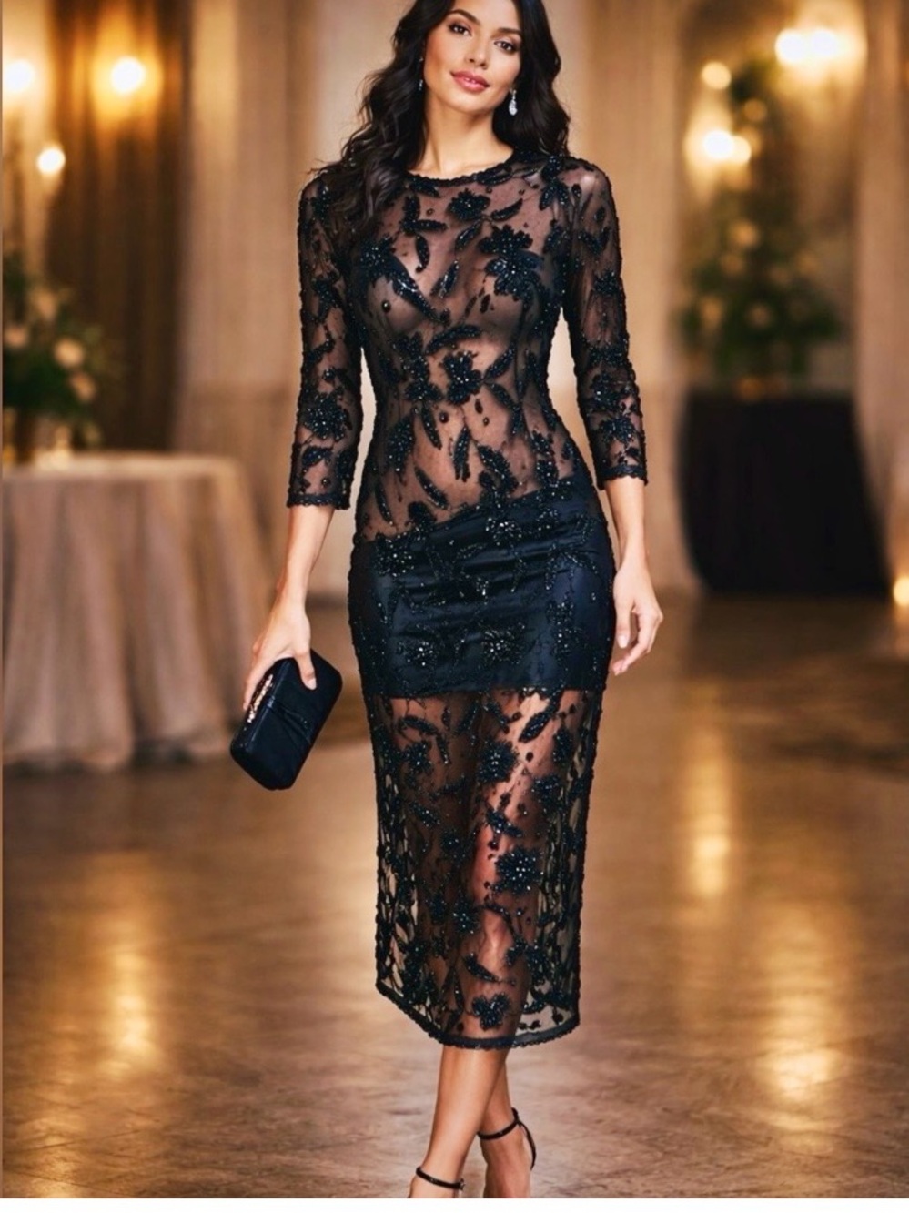 VTG Heavy Beaded Mesh Overlay Dress Black Floral Couture Evening Wear Art Size S - Picture 5 of 11